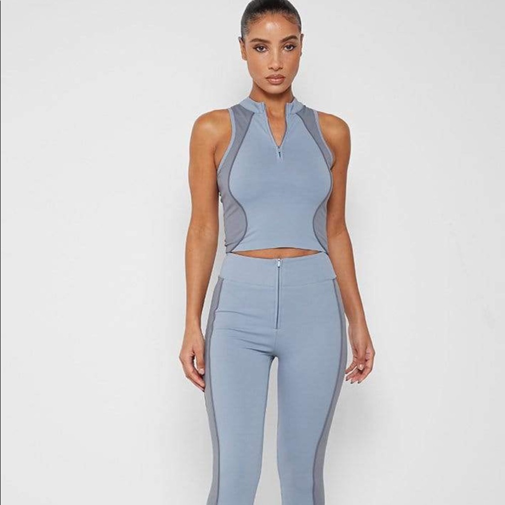 FUNNEL NECK RACER CROP TOP - STEEL BLUE - FITNESS, YOGA, WORKOUT TANK - …